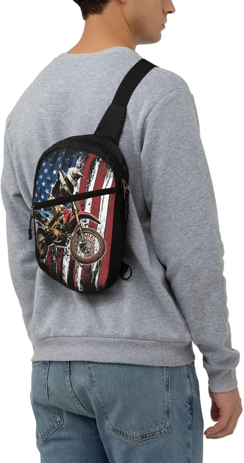 Dirt Bike Racing Motocross Race American Flag Portable Sling Bags Packable Crossbody Bag Foldable Sport Daypack Reusable Shoulder Backpack Diagonally Chest Bag for Workout Travel