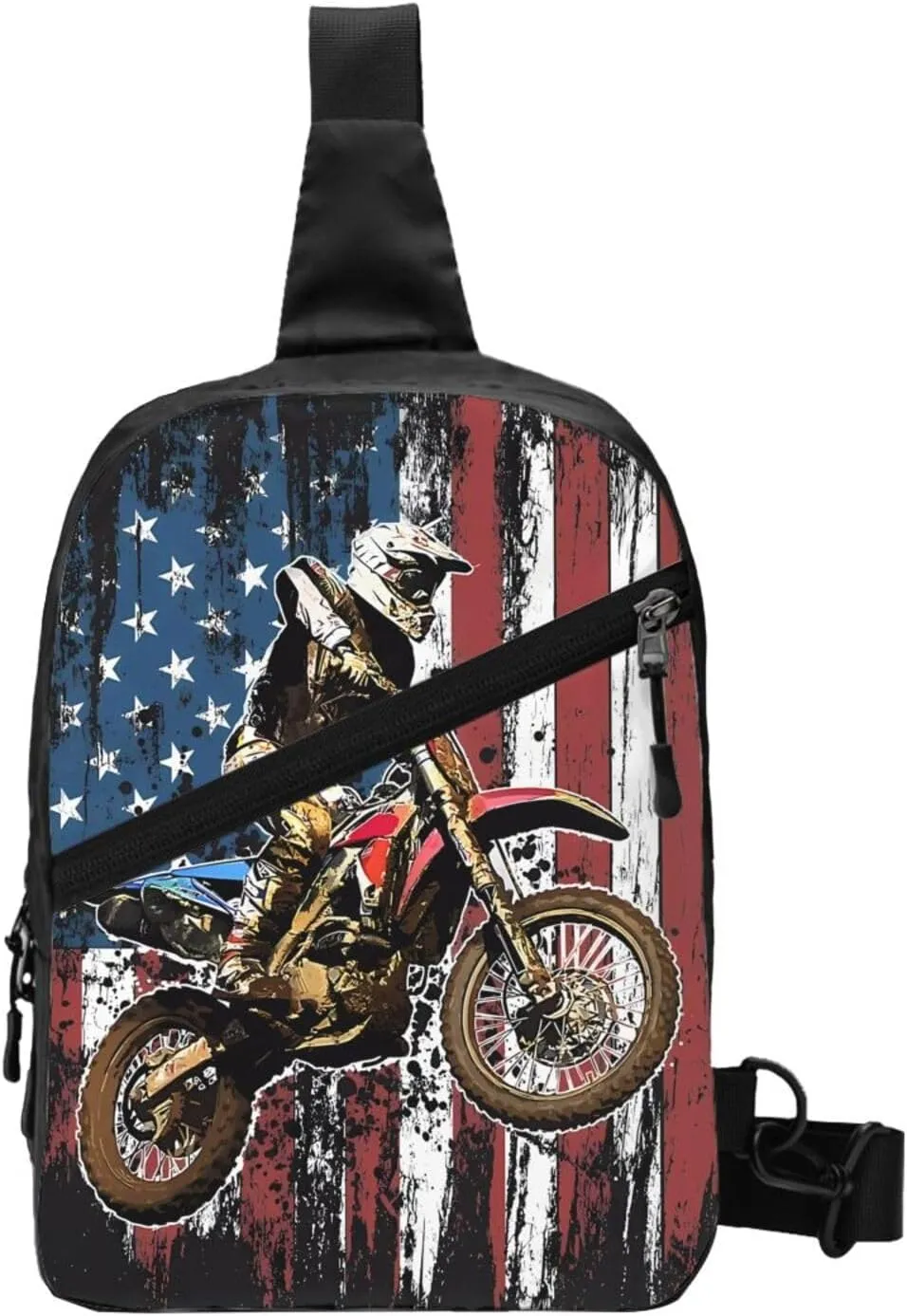 Dirt Bike Racing Motocross Race American Flag Portable Sling Bags Packable Crossbody Bag Foldable Sport Daypack Reusable Shoulder Backpack Diagonally Chest Bag for Workout Travel