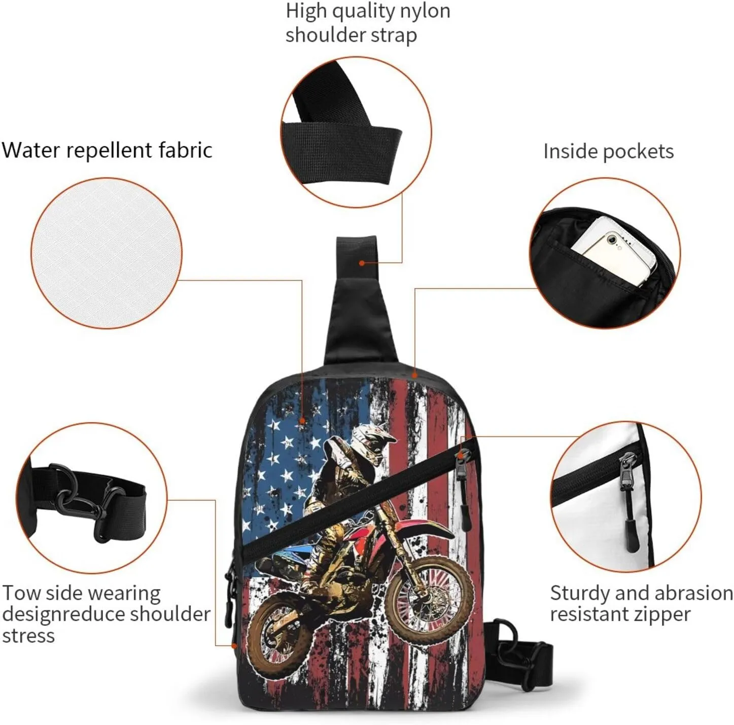Dirt Bike Racing Motocross Race American Flag Portable Sling Bags Packable Crossbody Bag Foldable Sport Daypack Reusable Shoulder Backpack Diagonally Chest Bag for Workout Travel