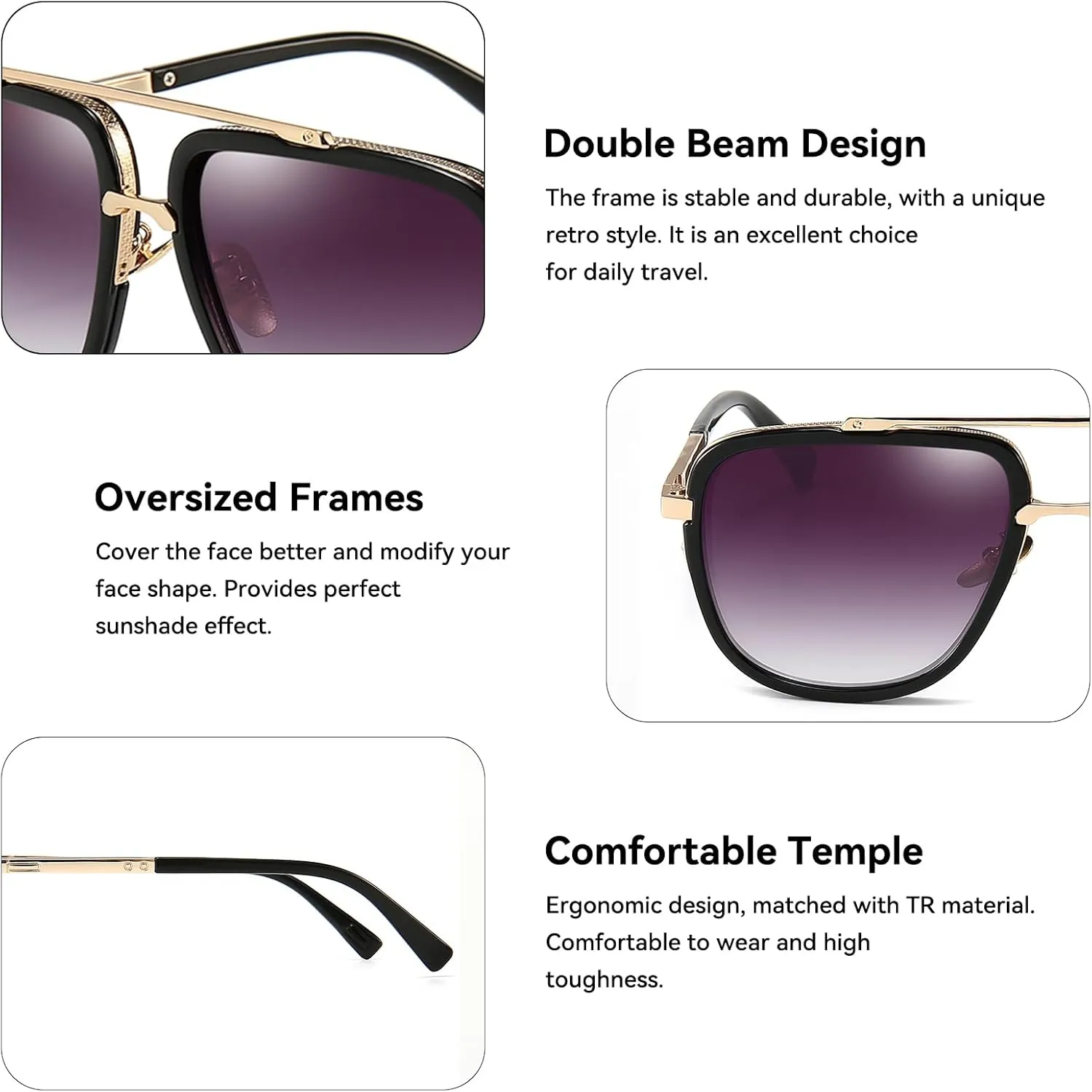 Dollger Oversized Square Aviator Sunglasses for Men Pilot Shades Gold Frame Retro Sun Glasses