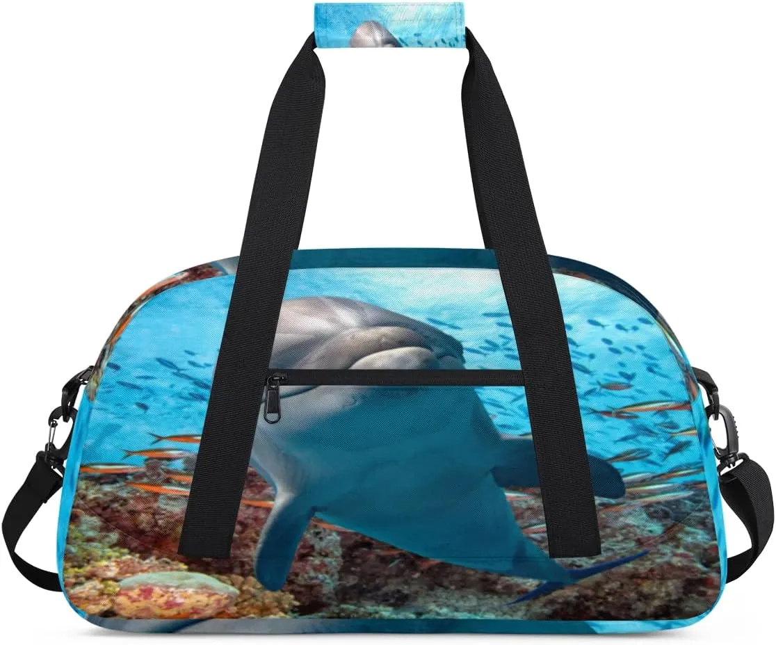Dolphin Ocean Gym Duffel Bag for Men Women Sea Fish Sports Tote Bag with Adjustable Shoulder Strap for Dance Gymnastics Traveling Outdoor Camping Overnight Stay