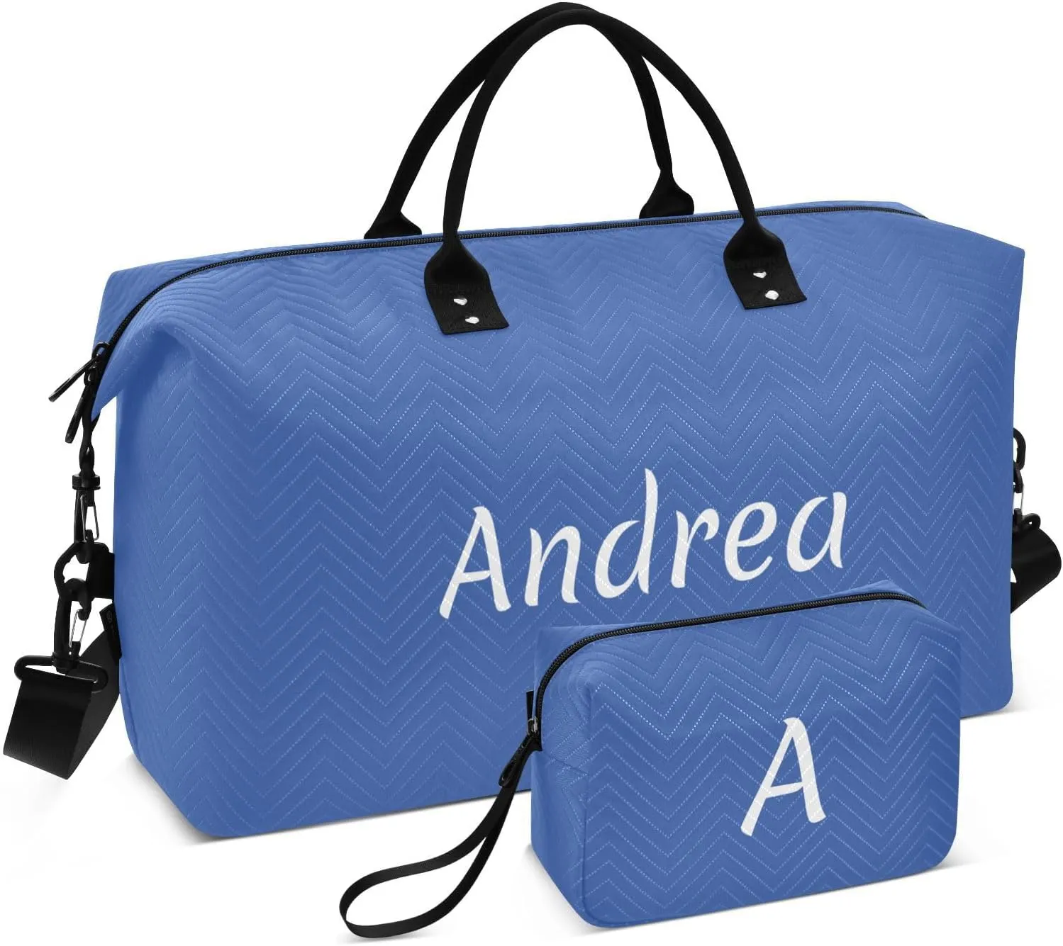 DOMIKING Blue Personalized Duffel Bag Foldable Weekender Bag Overnight Bags for Women Men Custom Sport Gym Bag with Toiletry Bag for Travel Men Women Business, 2 Pcs