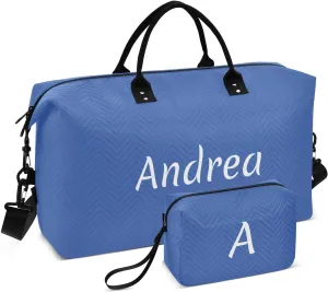 DOMIKING Blue Personalized Duffel Bag Foldable Weekender Bag Overnight Bags for Women Men Custom Sport Gym Bag with Toiletry Bag for Travel Men Women Business, 2 Pcs