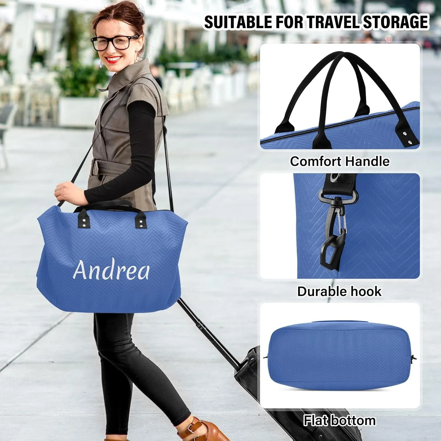 DOMIKING Blue Personalized Duffel Bag Foldable Weekender Bag Overnight Bags for Women Men Custom Sport Gym Bag with Toiletry Bag for Travel Men Women Business, 2 Pcs