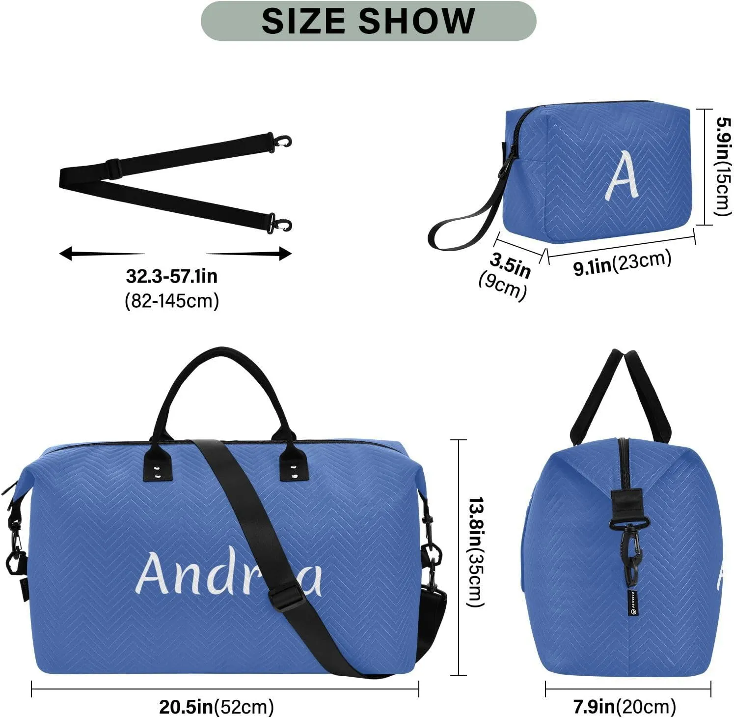 DOMIKING Blue Personalized Duffel Bag Foldable Weekender Bag Overnight Bags for Women Men Custom Sport Gym Bag with Toiletry Bag for Travel Men Women Business, 2 Pcs