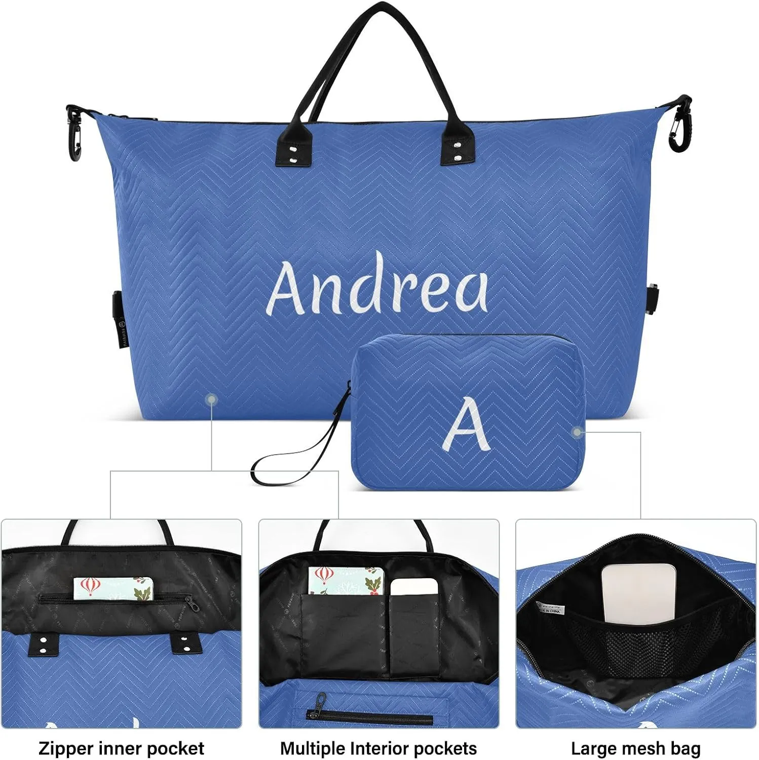 DOMIKING Blue Personalized Duffel Bag Foldable Weekender Bag Overnight Bags for Women Men Custom Sport Gym Bag with Toiletry Bag for Travel Men Women Business, 2 Pcs