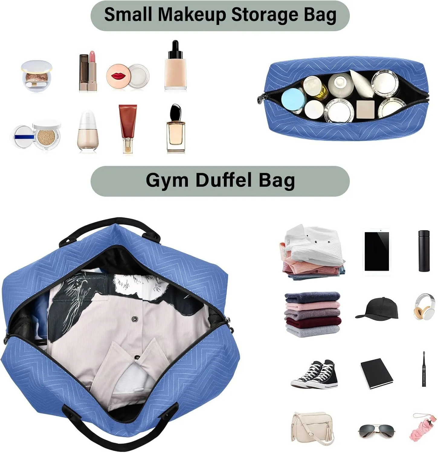 DOMIKING Blue Personalized Duffel Bag Foldable Weekender Bag Overnight Bags for Women Men Custom Sport Gym Bag with Toiletry Bag for Travel Men Women Business, 2 Pcs
