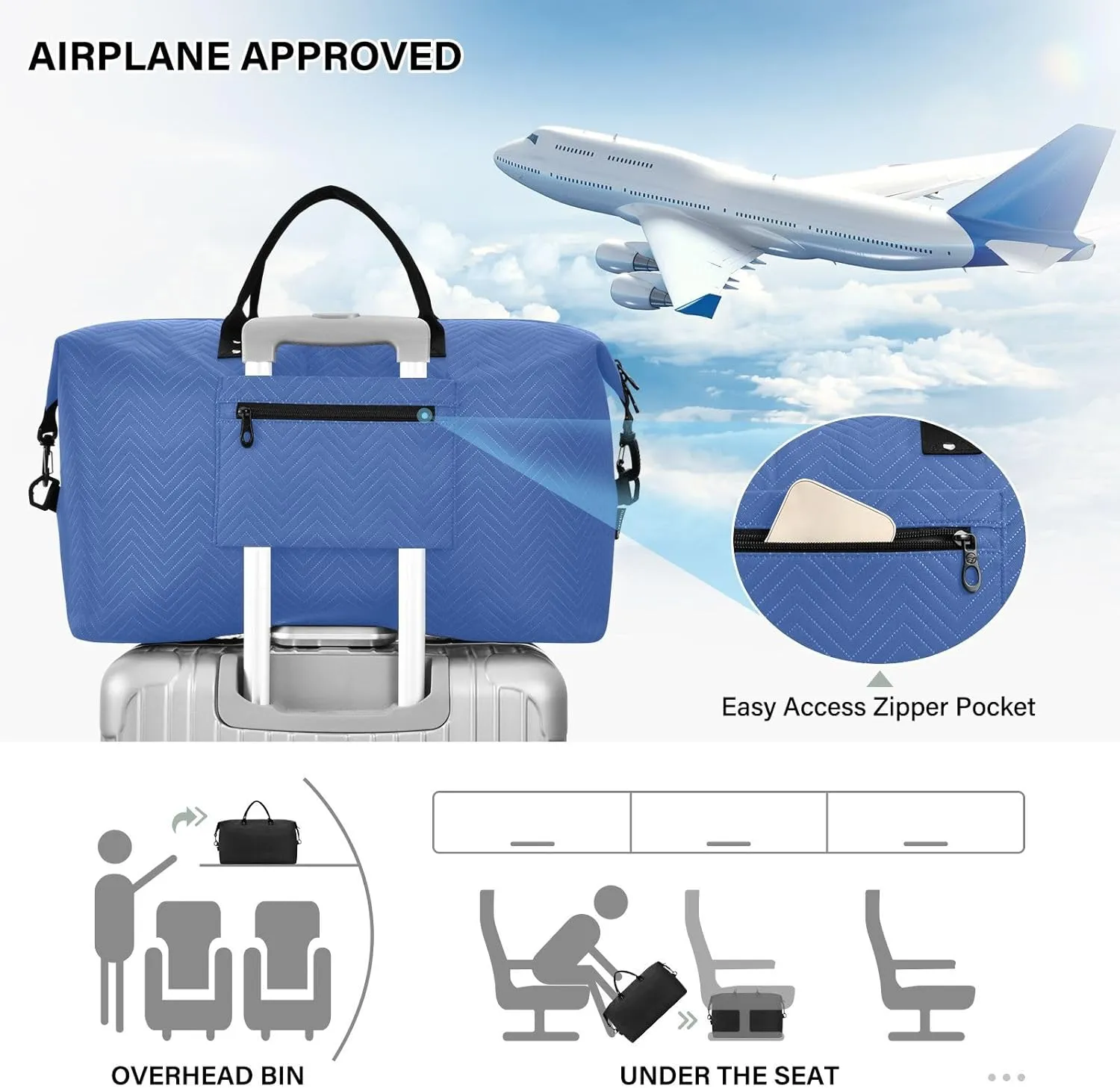DOMIKING Blue Personalized Duffel Bag Foldable Weekender Bag Overnight Bags for Women Men Custom Sport Gym Bag with Toiletry Bag for Travel Men Women Business, 2 Pcs