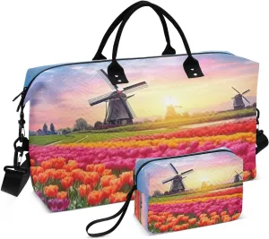 DOMIKING Tulips Windmill Sky Sunset Travel Duffle Bag Foldable Weekender Overnight Bags for Women Men Carry On Bag Personal Item Travel Bag with Toiletry Bag for Business Hospital Trip, 2 Pcs