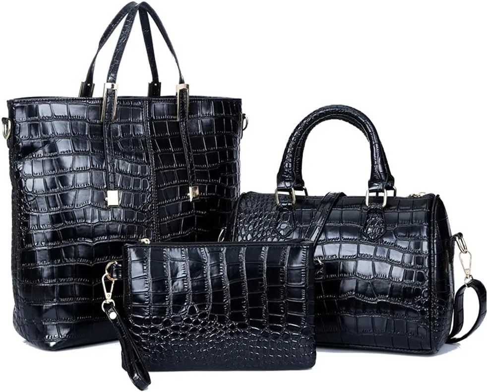 Downupdown 3PC Handbags and Purse for Women Top Handle Bags Satchel Shoulder Totes Boston Bag Wallet Crocodile Pattern Set