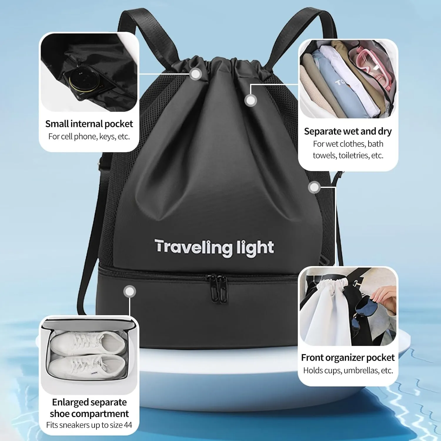 Drawstring Backpack Waterproof Bags: Drawstring Gym Backpack for Men - Sports Bag with Shoe Compartment Black