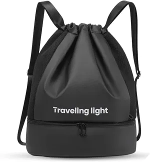 Drawstring Backpack Waterproof Bags: Drawstring Gym Backpack for Men - Sports Bag with Shoe Compartment Black