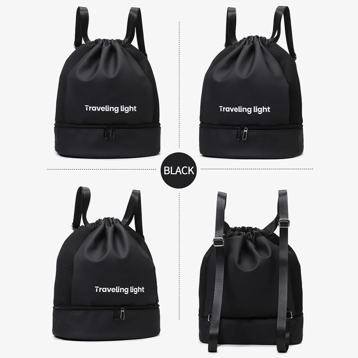 Drawstring Backpack Waterproof Bags: Drawstring Gym Backpack for Men - Sports Bag with Shoe Compartment Black