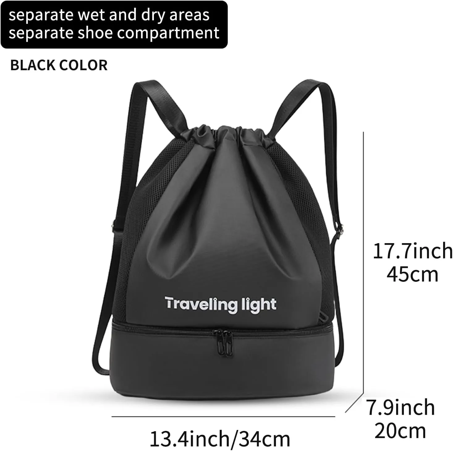 Drawstring Backpack Waterproof Bags: Drawstring Gym Backpack for Men - Sports Bag with Shoe Compartment Black
