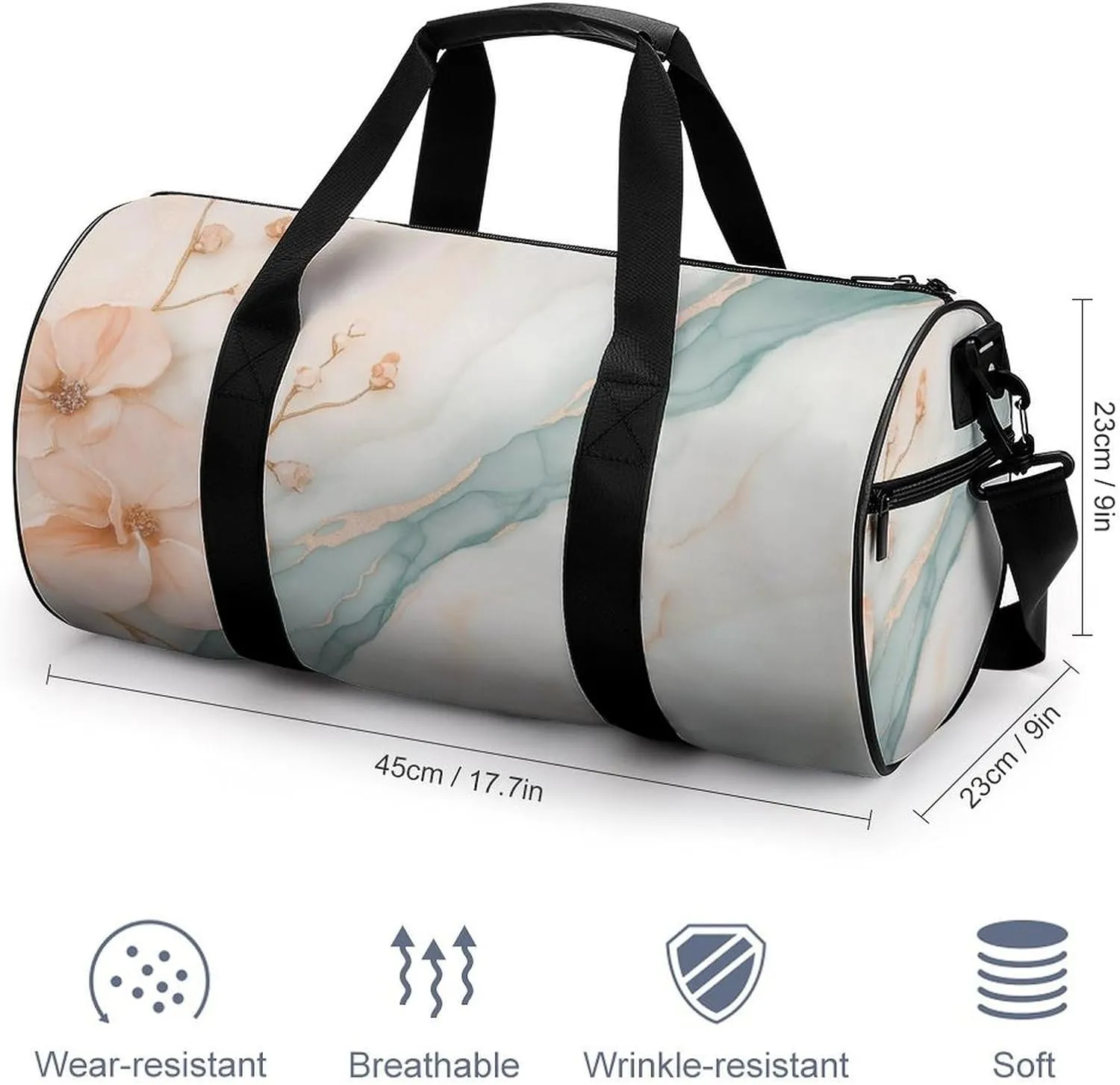Dreamy Marble Flower Travel Gym Bag for Women Men Cylindrical Duffle Bag Sport Workout Bag with Shoulder Strap
