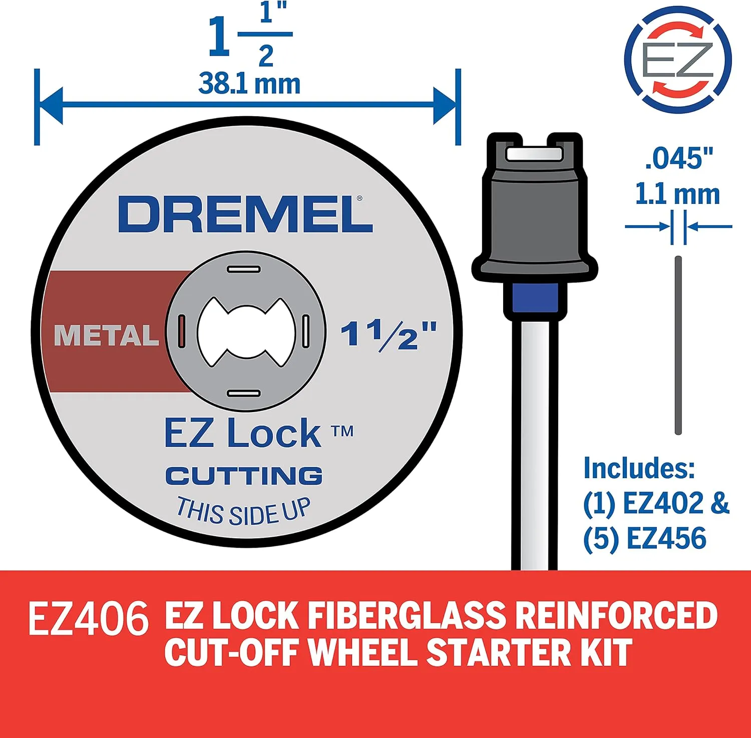 Dremel EZ406-02, EZ - Lock Starter Kit, 1 1/2-Inch (38.1 mm) Wheel Diameter, 5 Piece Fiberglass Reinforced Cut-Off Wheels and EZ402 Mandrel Included, Rotary Tool Cutting Disc Accessories