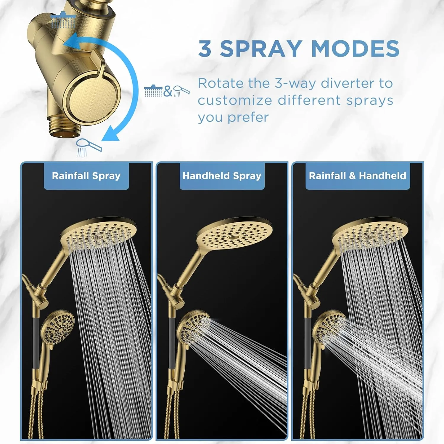Dual Handheld Shower Head Combo, 2-in-1 Rain Shower Heads System 8 Inch Rainfall Shower Head and 10 Modes High Pressure Hand Held Showerhead with Built-in Power Wash
