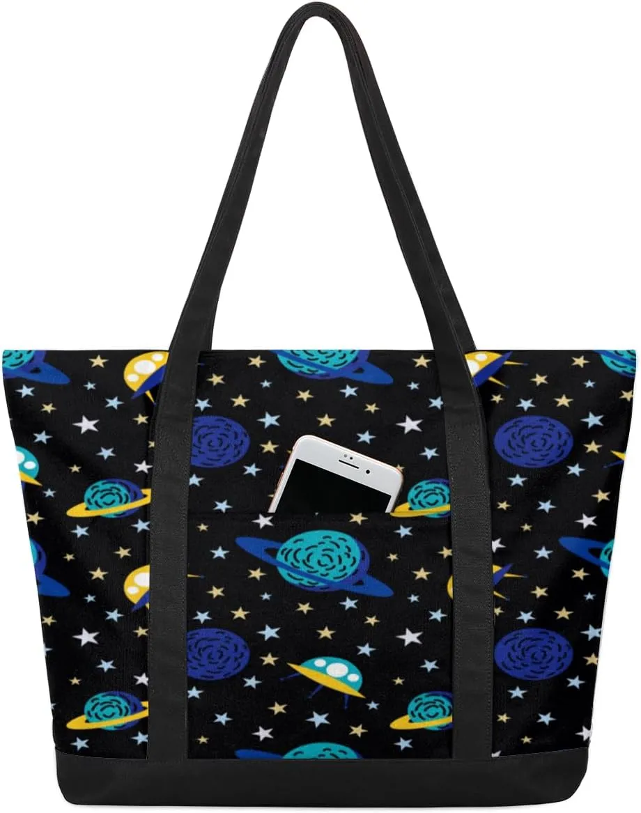 Earth And Spacecraft Tote Bag Tote Bag for Women Reusable Grocery Shopping Cloth Bags with Zipper Large Capacity Foldable Handbag Gym Bag for Gift Activity