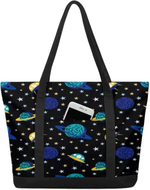 Earth And Spacecraft Tote Bag Tote Bag for Women Reusable Grocery Shopping Cloth Bags with Zipper Large Capacity Foldable Handbag Gym Bag for Gift Activity