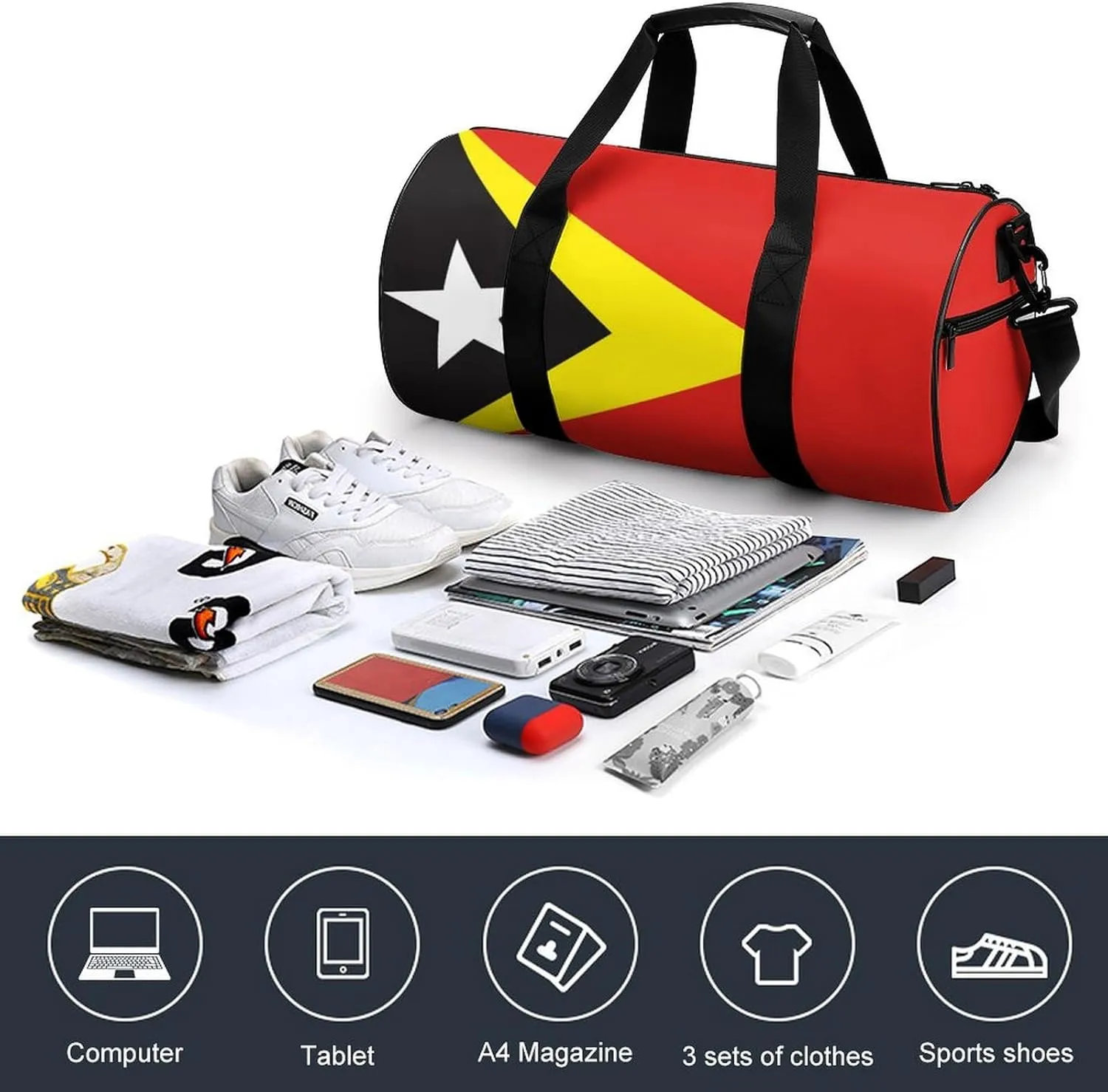 East Timor Flag Gym Bag for Girls Boys Sports Duffel with Wet Pocket Travel Weekender