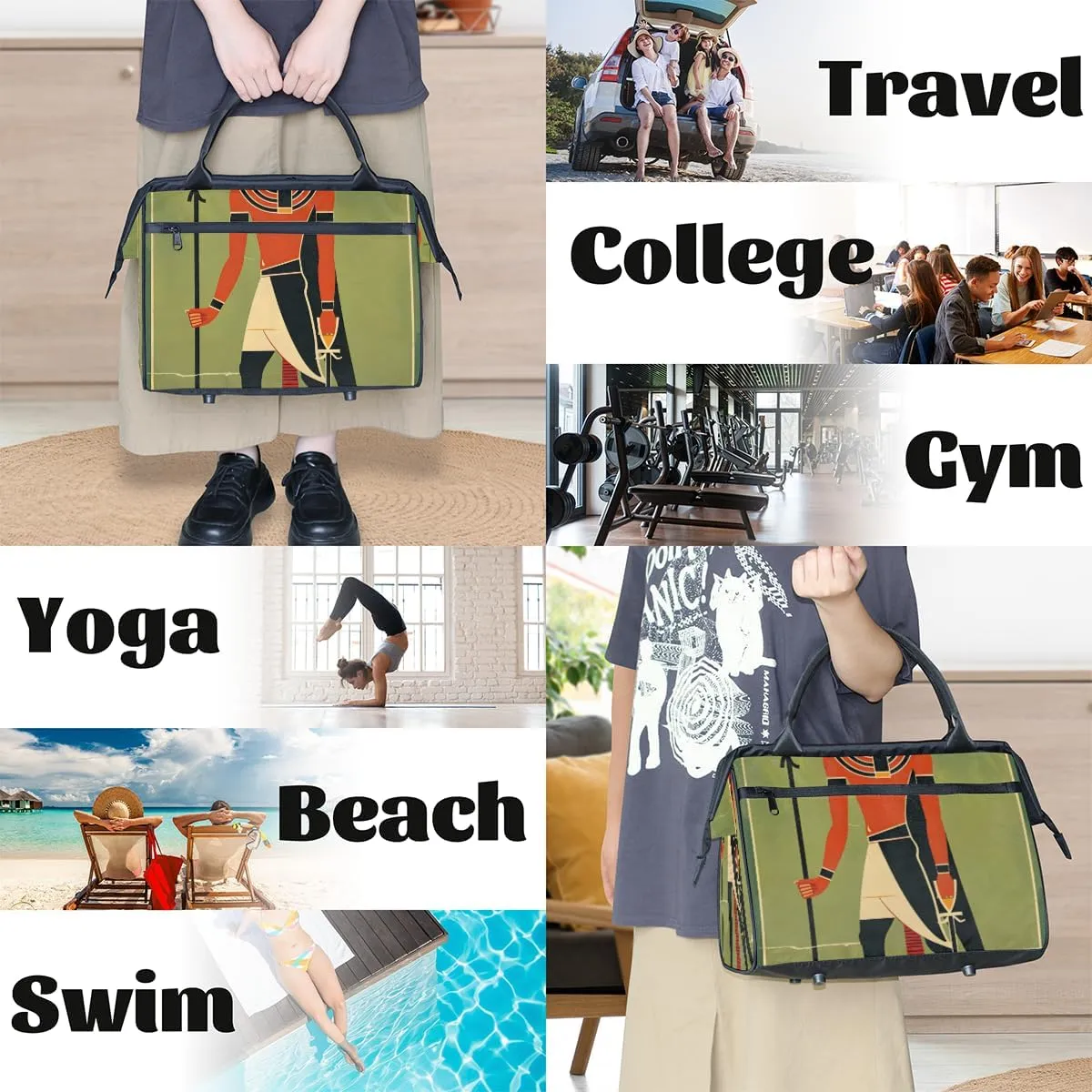 Egyptian Ethnic Animal Weekender Overnight Bag for Women Waterproof Carry On Travel Duffle Bags with Pocket Lightweight Sports Gym Tote Bag Large Luggage Workout Personal Item Hospital Bags