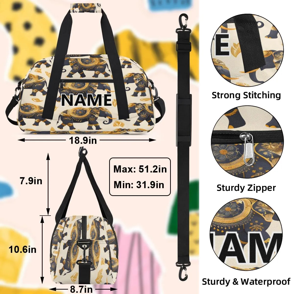 Elephant Mini Gym Bag 18 inch for Women Men Waterproof Custom Ethnic Elephant Travel Duffel Bag Carry On Overnight Tote Nurse Bag for Work Fitness Hiking