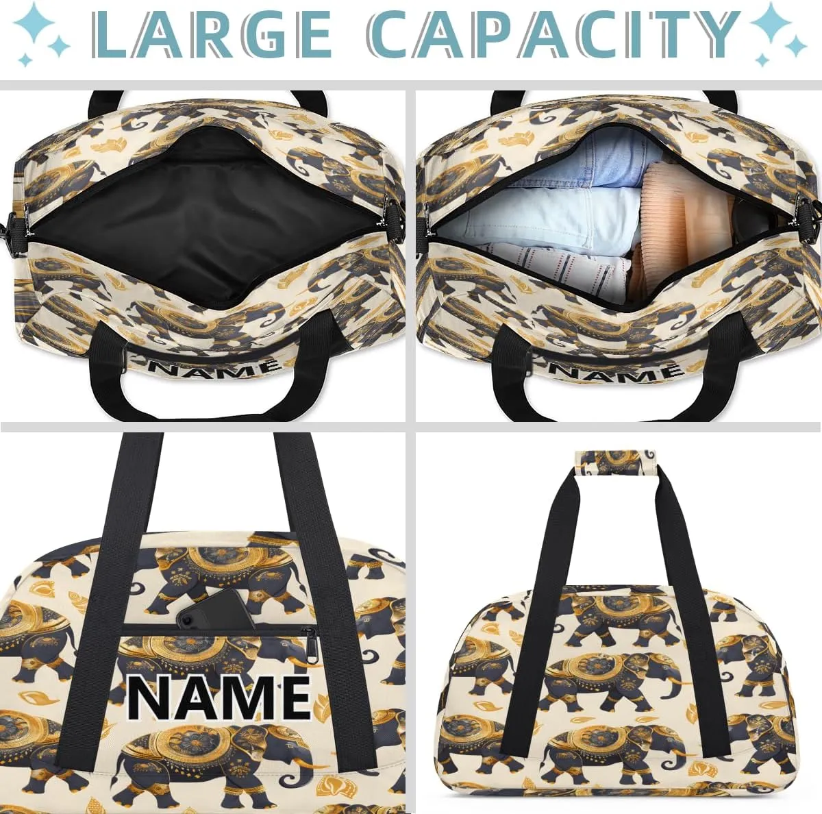 Elephant Mini Gym Bag 18 inch for Women Men Waterproof Custom Ethnic Elephant Travel Duffel Bag Carry On Overnight Tote Nurse Bag for Work Fitness Hiking