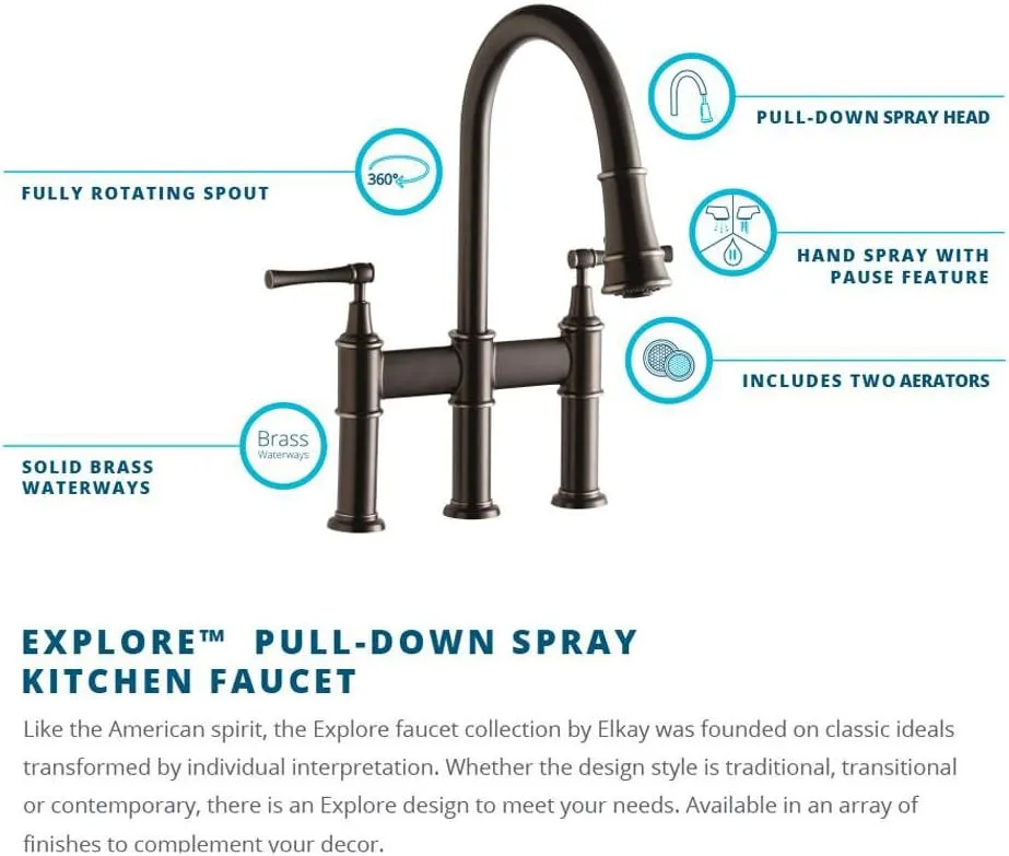 Elkay LKEC2037AS Three Hole Bridge Faucet with Pull-down Spray and Lever Handles, Antique Steel