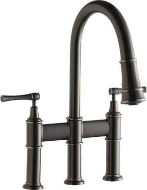 Elkay LKEC2037AS Three Hole Bridge Faucet with Pull-down Spray and Lever Handles, Antique Steel
