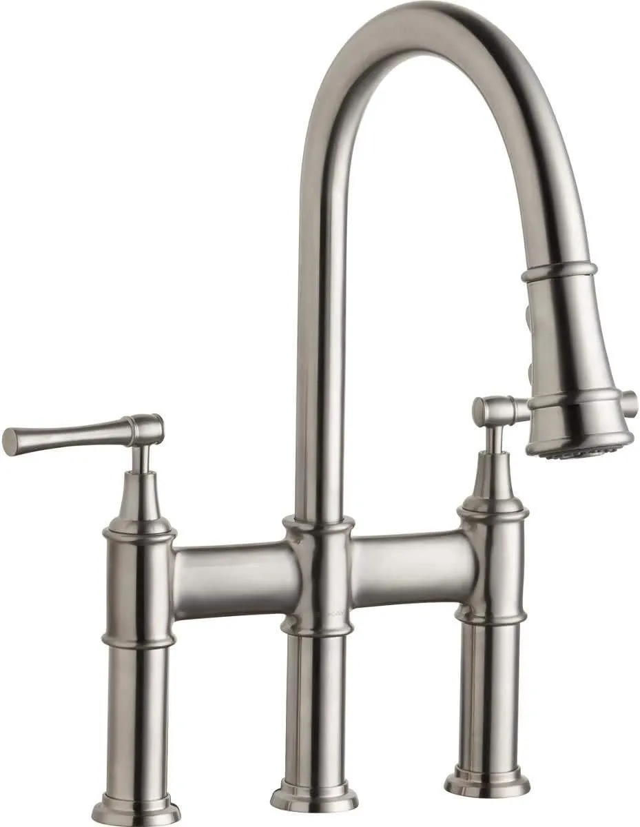 Elkay LKEC2037LS Explore Three Hole Bridge Faucet with Pull-down Spray and Lever Handles, Lustrous Steel