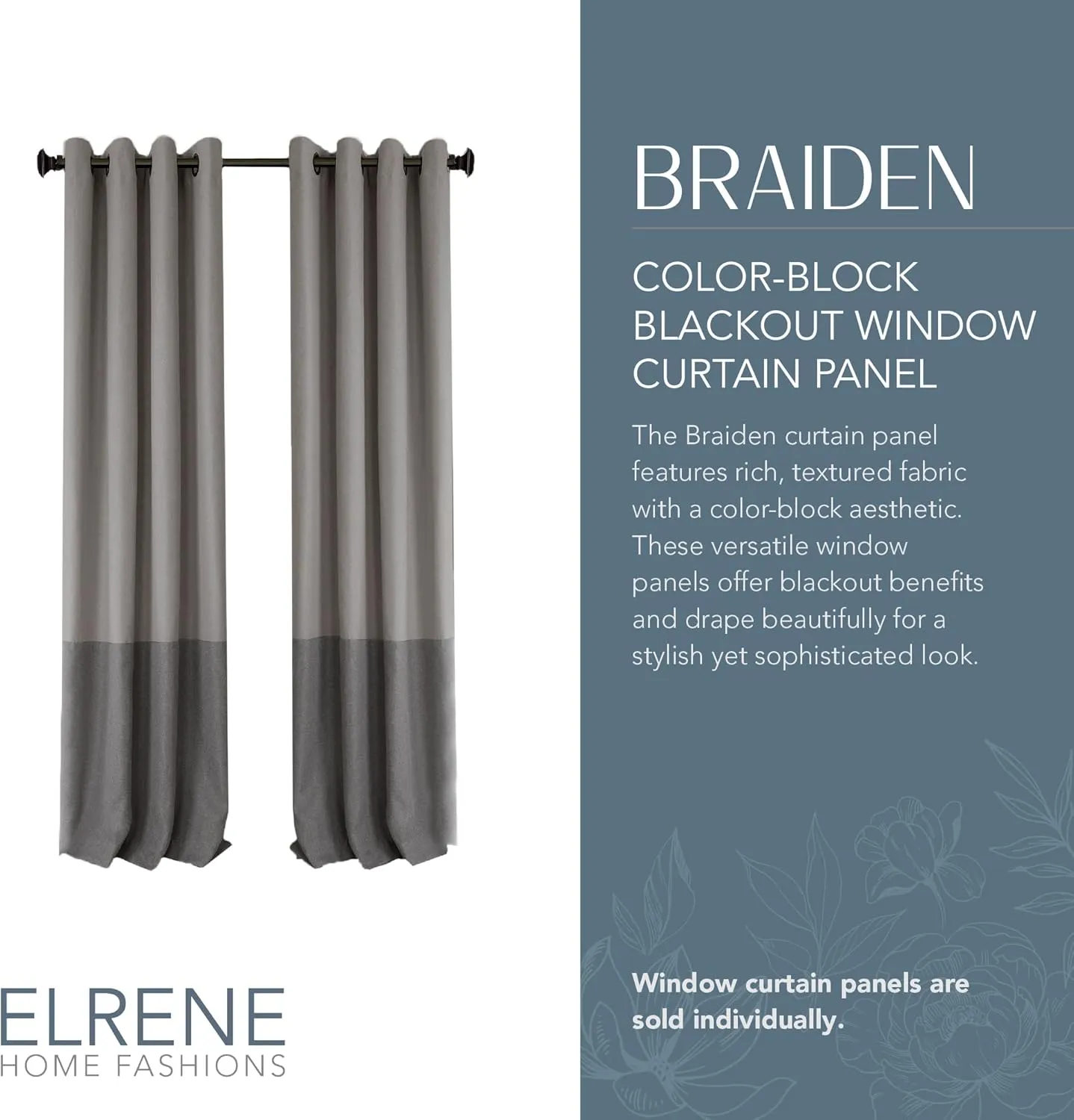 Elrene Home Fashions Braiden Color-Block Blackout Window Curtain, Single Panel, 52 in x 84 in (1 Panel), Gray