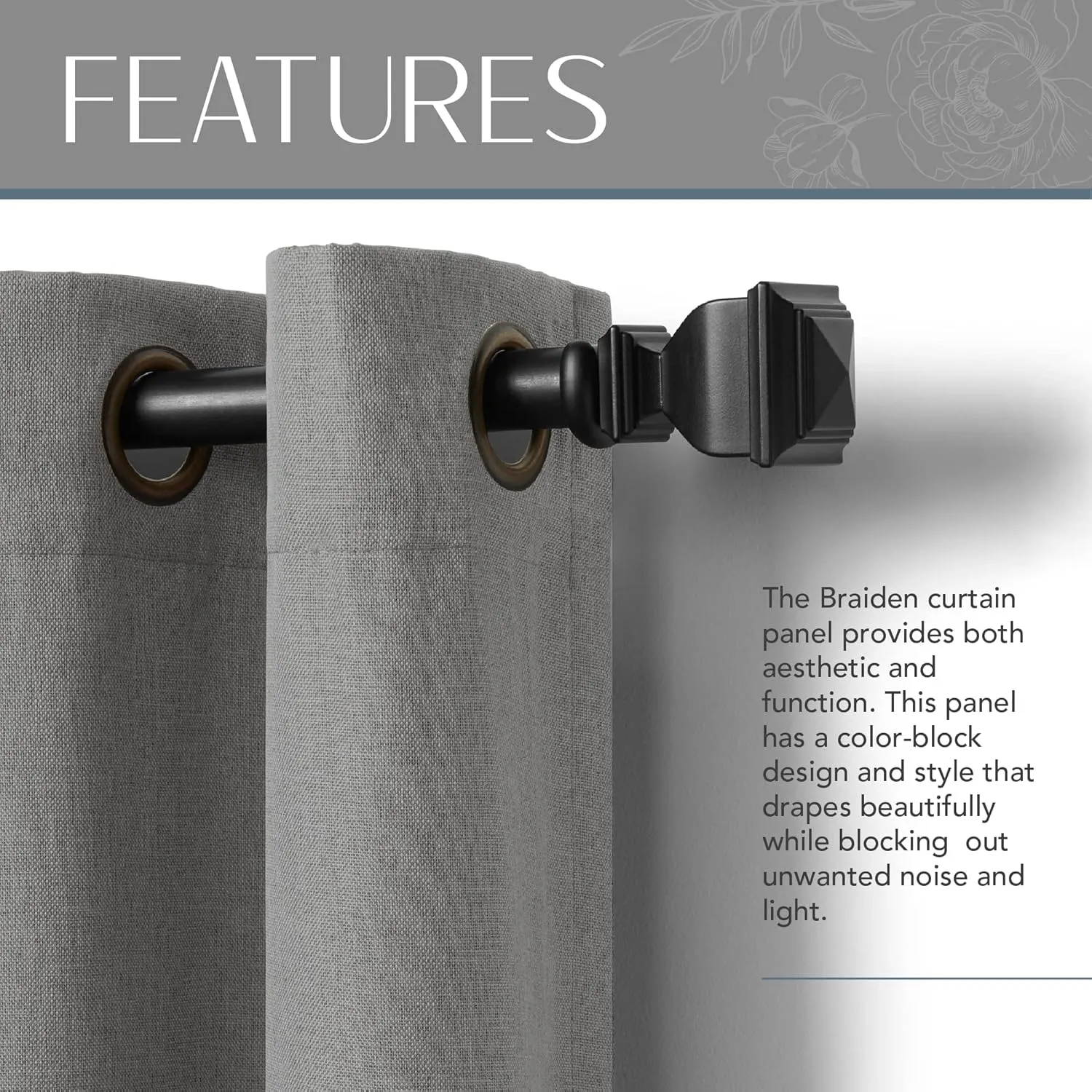 Elrene Home Fashions Braiden Color-Block Blackout Window Curtain, Single Panel, 52 in x 84 in (1 Panel), Gray