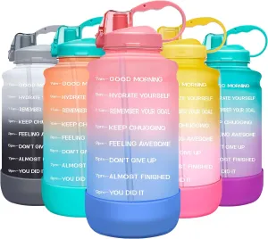 Elvira Large 1 Gallon/128 oz Motivational Time Marker Water Bottle with Straw & Protective Silicone Boot, BPA Free Anti-slip Leakproof for Fitness, Gym and Outdoor Sports-Navy Blue