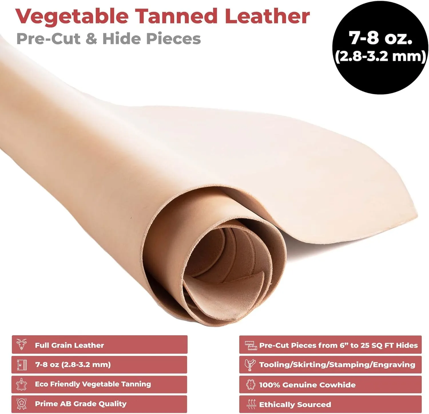 ELW 7-8 oz.(3-3.2 mm) Thickness Pre-Cut Square 8"x24", Tooling Leather Vegetable Tanned Full Grain Leather - Cowhide Leathercraft for Holsters Knife Sheaths Coasters Molding Emboss Stamp Cases