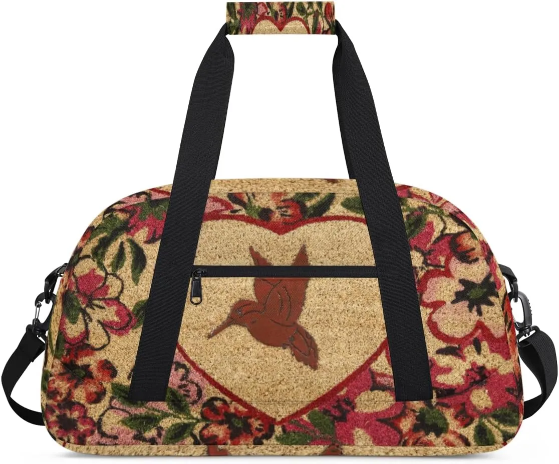 Engraving Hummingbird Gym Duffel Bag for Men Women Floral Print Sports Tote Bag with Adjustable Shoulder Strap for Dance Gymnastics Traveling Outdoor Camping Overnight Stay