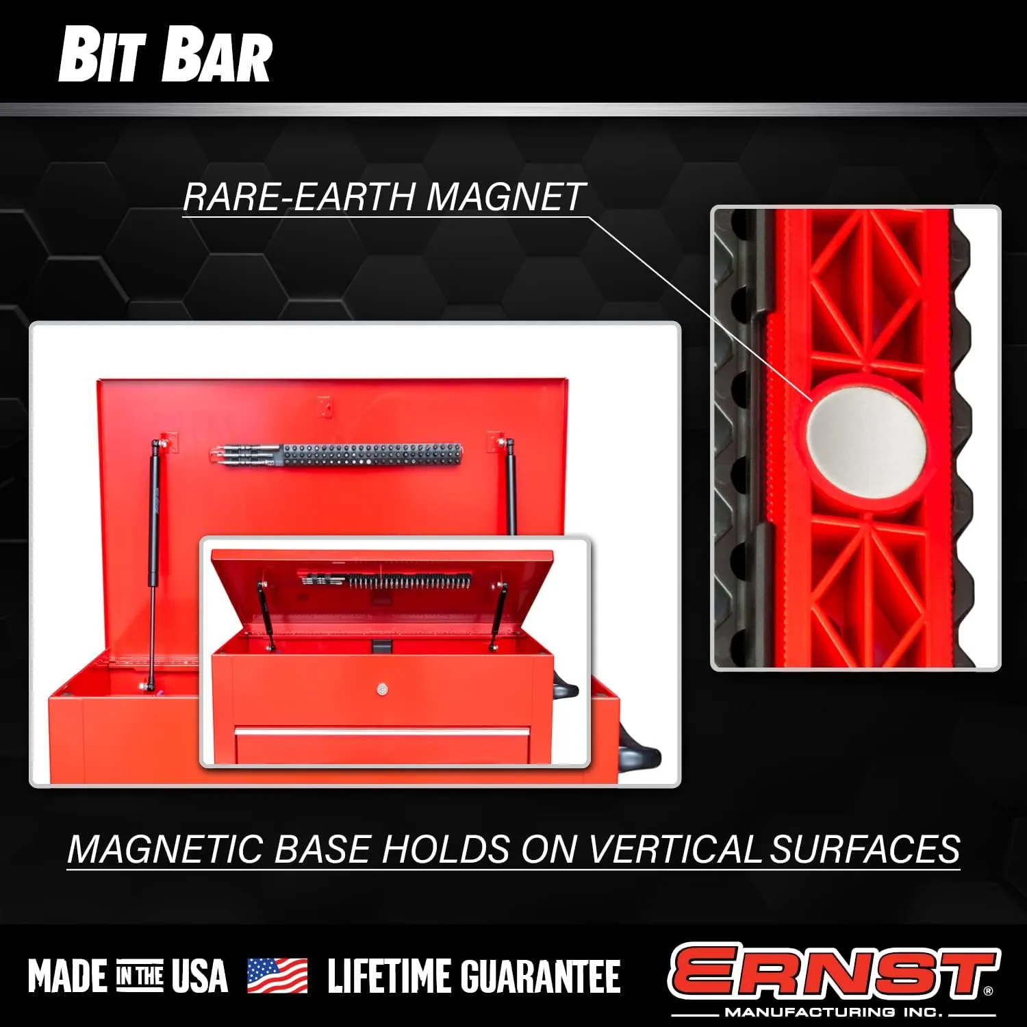 Ernst Manufacturing 54 Tool Bit Bar with Magnetic Base, 1/4" Hex Bit Holder for Toolchest Drawer or Tool Truck – Red & Black