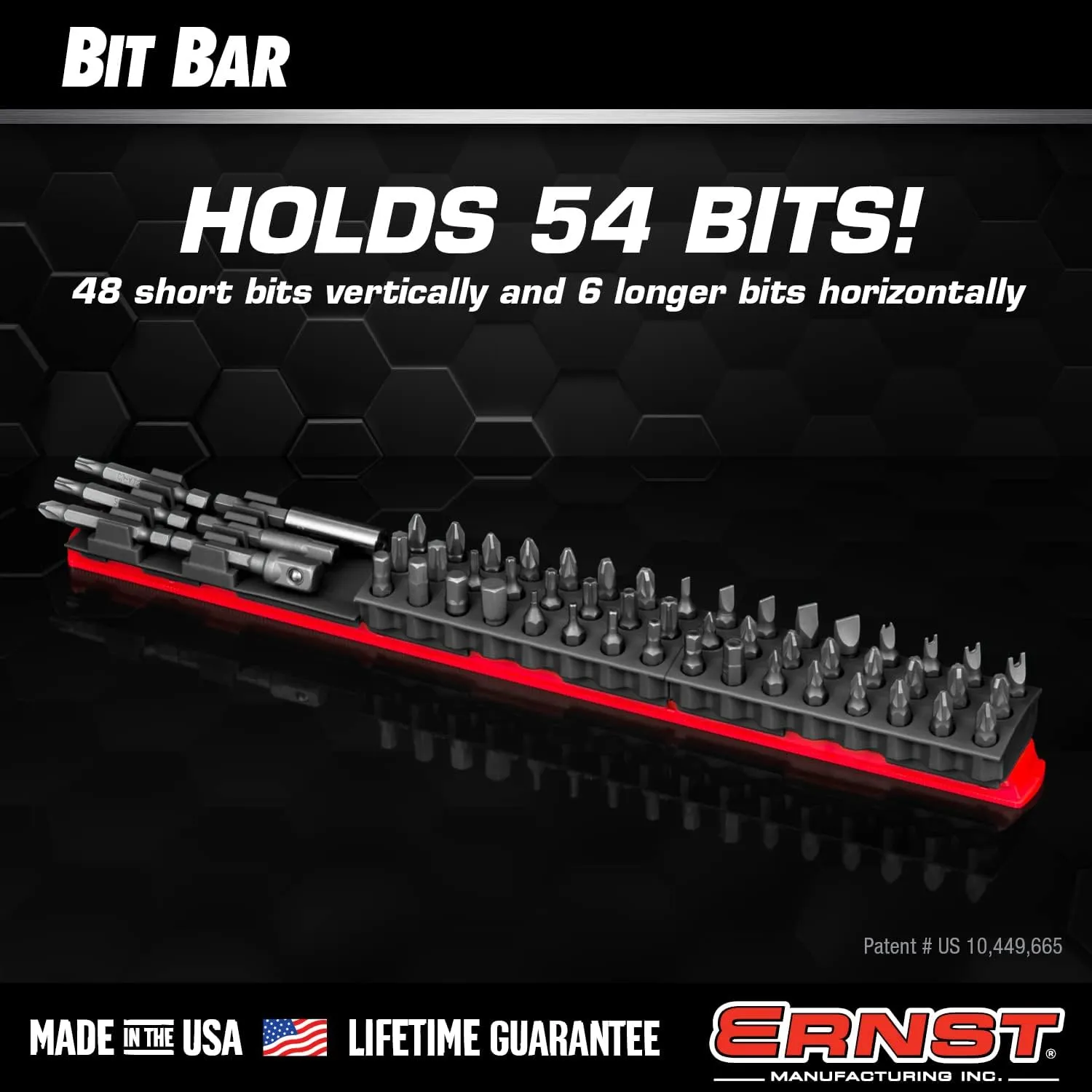 Ernst Manufacturing 54 Tool Bit Bar with Magnetic Base, 1/4" Hex Bit Holder for Toolchest Drawer or Tool Truck – Red & Black