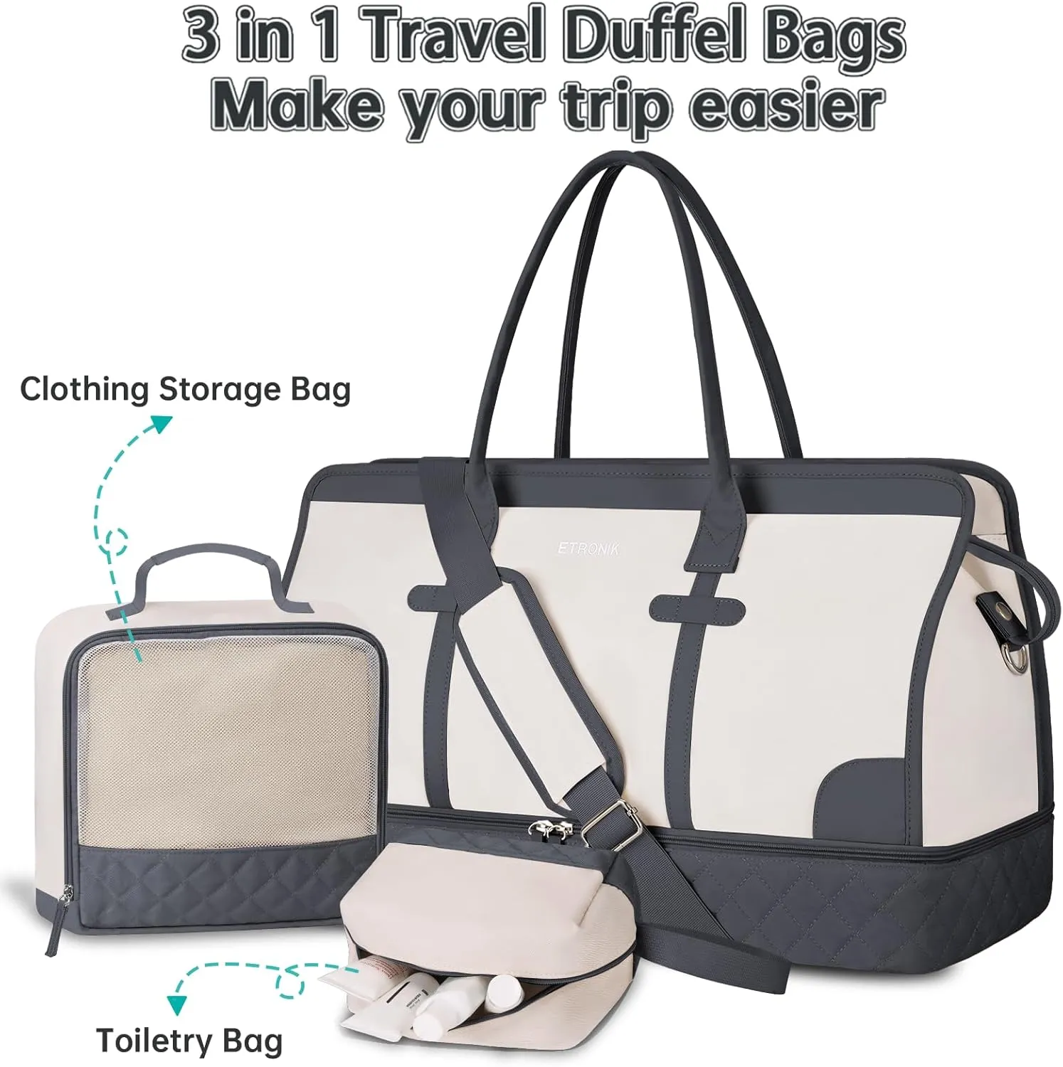 ETRONIK Weekender Overnight Bag for Women, Large Travel Duffle Bag with Shoe Compartment & Wet Pocket, Carry On Tote Bag Gym Duffel Bag with Toiletry Bag, 3 Pcs Set, Large Size, Dark Grey-Beige