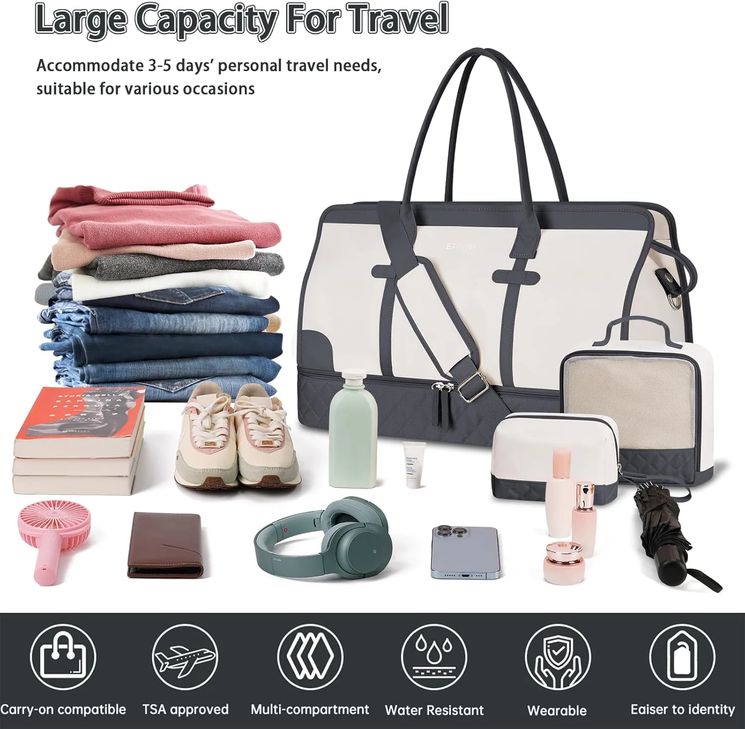 ETRONIK Weekender Overnight Bag for Women, Large Travel Duffle Bag with Shoe Compartment & Wet Pocket, Carry On Tote Bag Gym Duffel Bag with Toiletry Bag, 3 Pcs Set, Large Size, Dark Grey-Beige