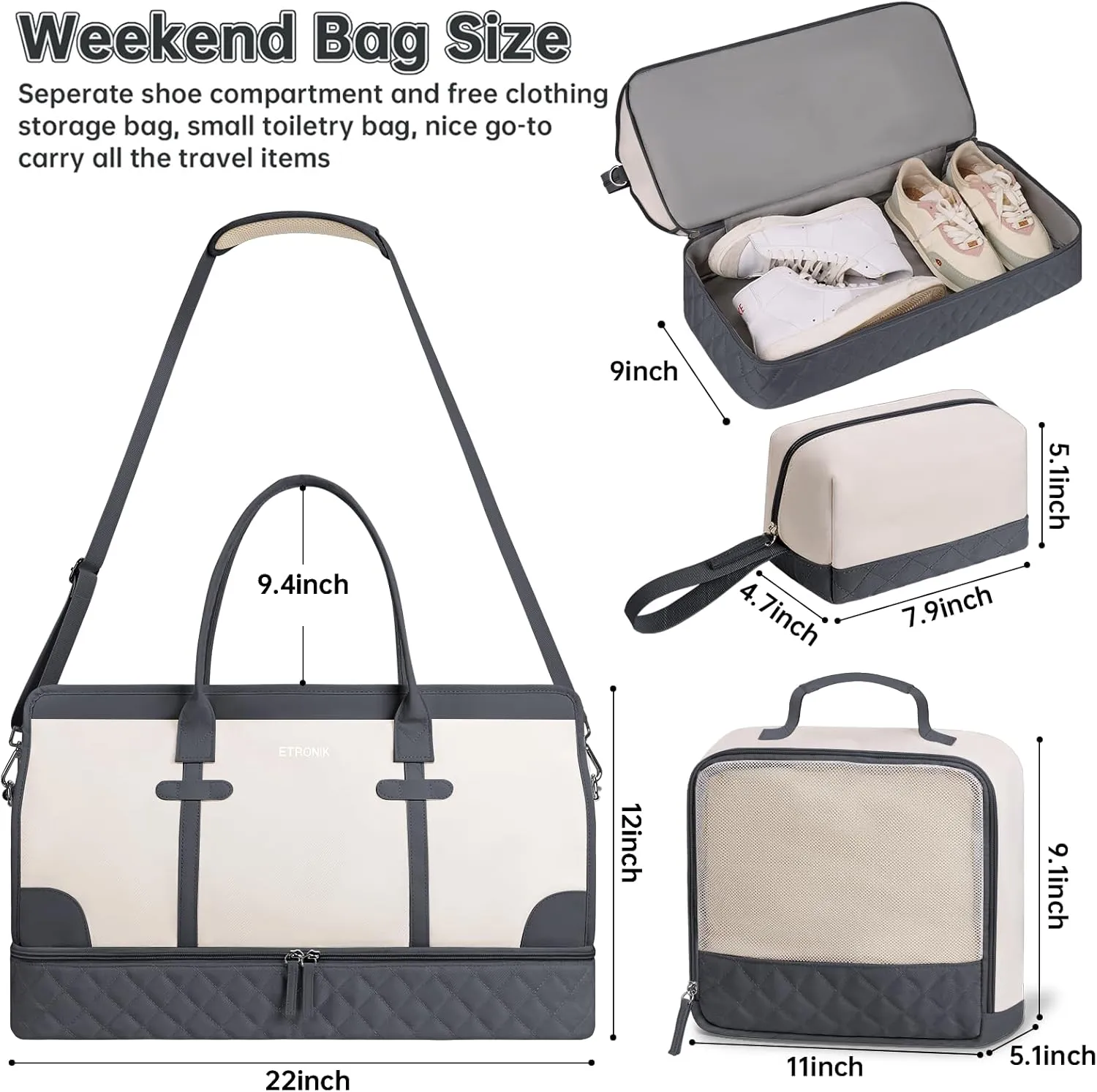 ETRONIK Weekender Overnight Bag for Women, Large Travel Duffle Bag with Shoe Compartment & Wet Pocket, Carry On Tote Bag Gym Duffel Bag with Toiletry Bag, 3 Pcs Set, Large Size, Dark Grey-Beige