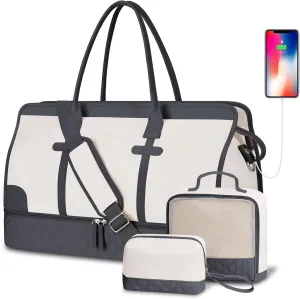ETRONIK Weekender Overnight Bag for Women, Large Travel Duffle Bag with Shoe Compartment & Wet Pocket, Carry On Tote Bag Gym Duffel Bag with Toiletry Bag, 3 Pcs Set, Large Size, Dark Grey-Beige