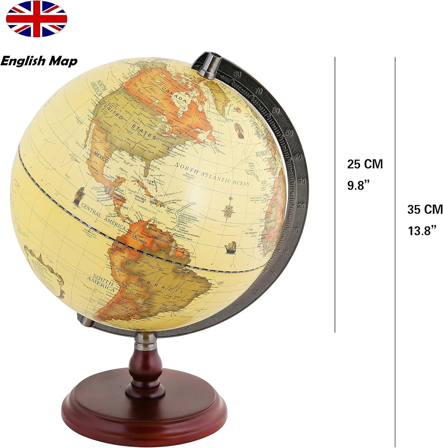 Exerz 10" Antique Globe With A Wood Base - Rotating World Globe - Modern Map in Vintage Colour - Diametre 10 inches