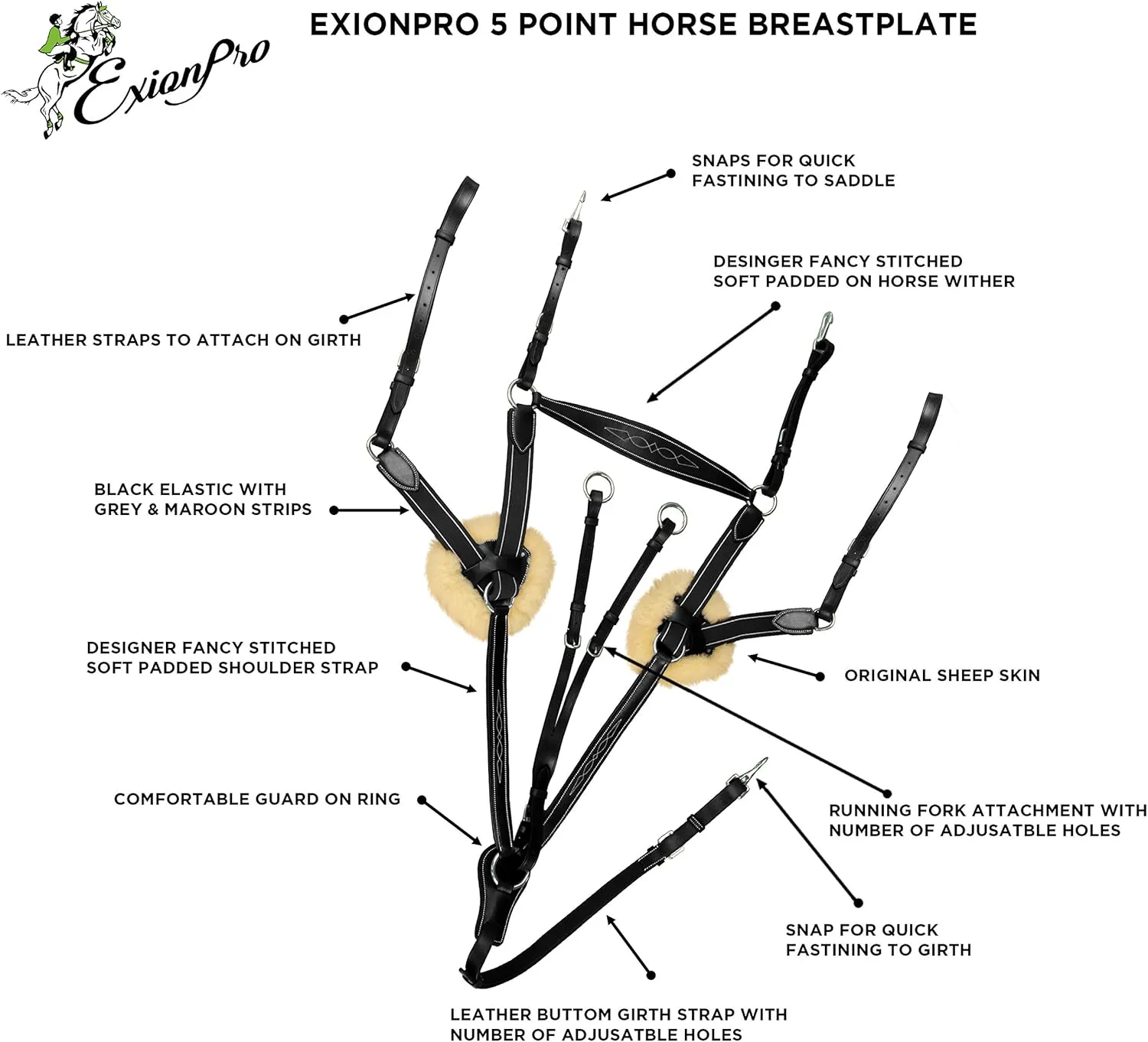 Exion 5-Point Horse Breastplate with Running Martingale | Real Sheepskin Linned | Brown Elastic | Vegetable-Tanned Leather