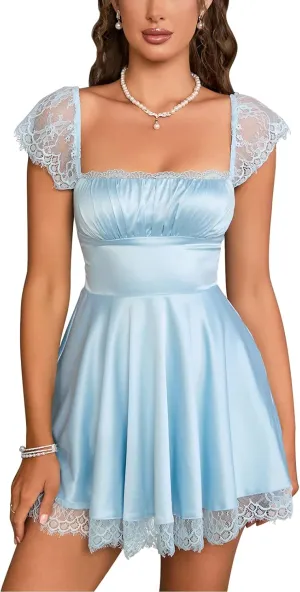 EYNMIN Women's Satin Lace Strap Mini Dress Square Neck Flowy A-Line Ruffle Swing Casual Short Dresses