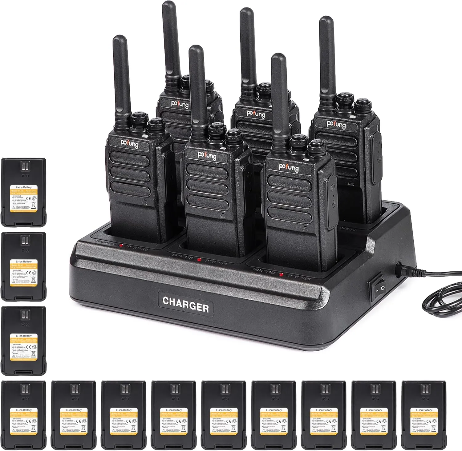 F100 Walkie Talkies Long Range with 6 Way Multi Gang Charger Handheld Walkie Talkies for Adults Two Way Radio, 12 Battery (Black, 6 Pack)