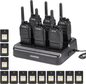 F100 Walkie Talkies Long Range with 6 Way Multi Gang Charger Handheld Walkie Talkies for Adults Two Way Radio, 12 Battery (Black, 6 Pack)