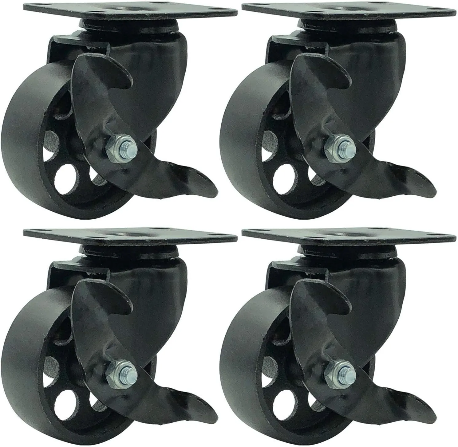 FactorDuty 4 All Black Metal Swivel Plate Caster Wheels w/Brake Lock Heavy Duty High-gauge Steel (3" with Brake)
