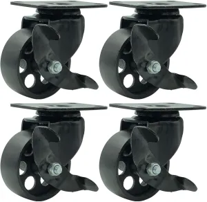 FactorDuty 4 All Black Metal Swivel Plate Caster Wheels w/Brake Lock Heavy Duty High-gauge Steel (3" with Brake)