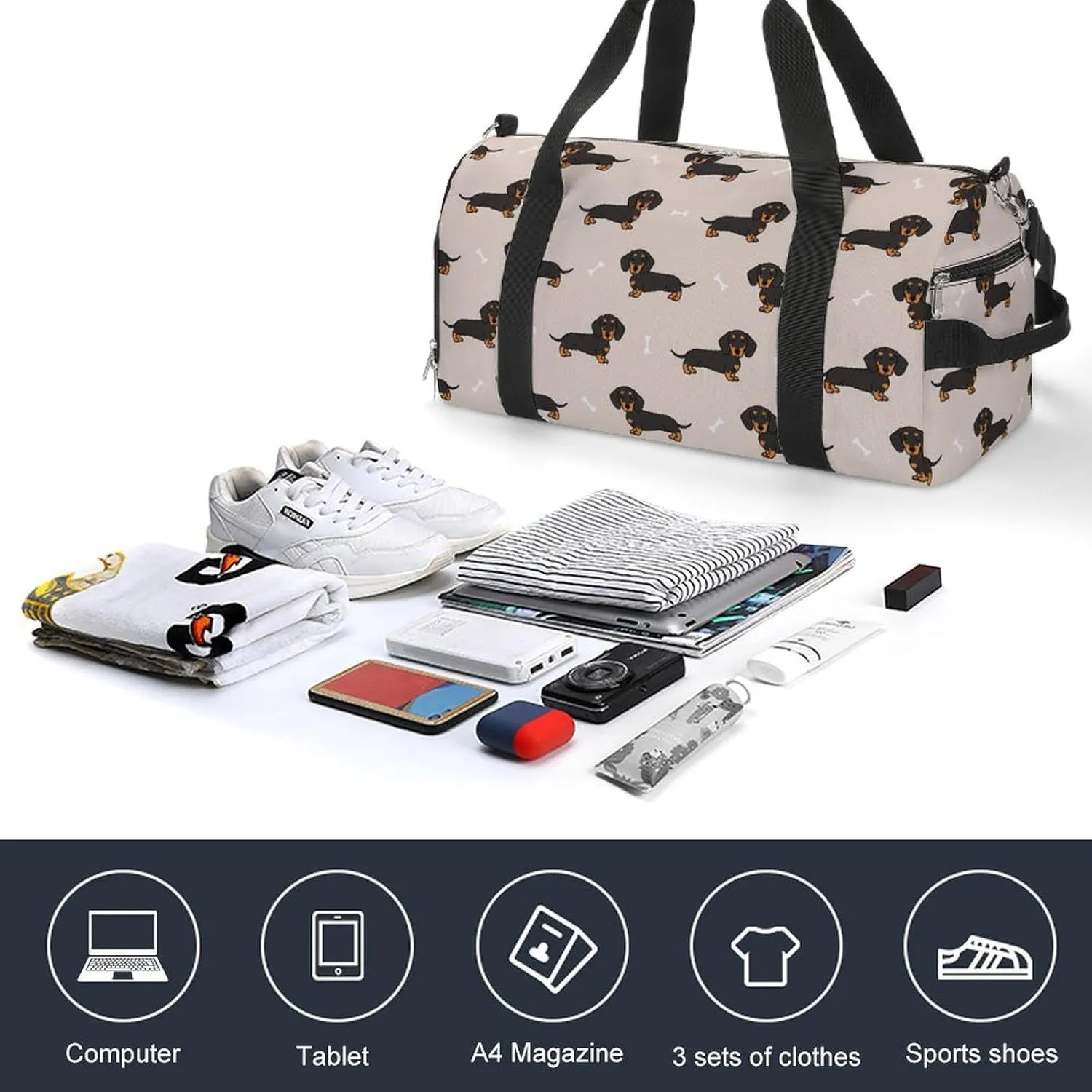 Fashion Overnight Luggage bag Travel Weekender Duffle Bag Sport Beach Yoga bag Compatible with Wiener Dog Doxie Dachshund Weiner Dog Pet Dogs