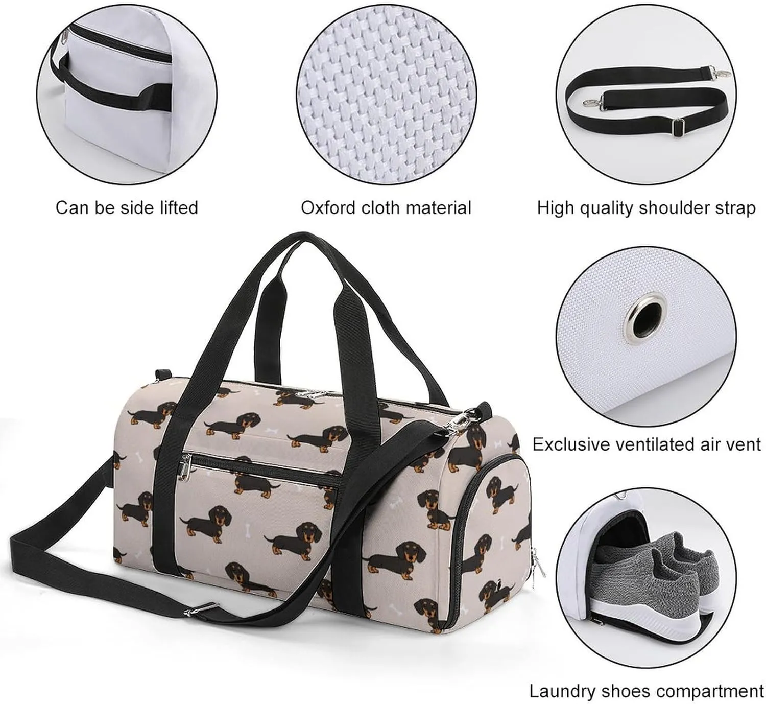 Fashion Overnight Luggage bag Travel Weekender Duffle Bag Sport Beach Yoga bag Compatible with Wiener Dog Doxie Dachshund Weiner Dog Pet Dogs